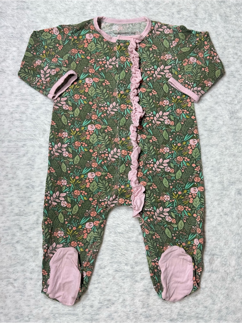 Magnetic Me Green Floral Botanical Footie Sleeper 3-6M Baby Girl Modal Ruffle